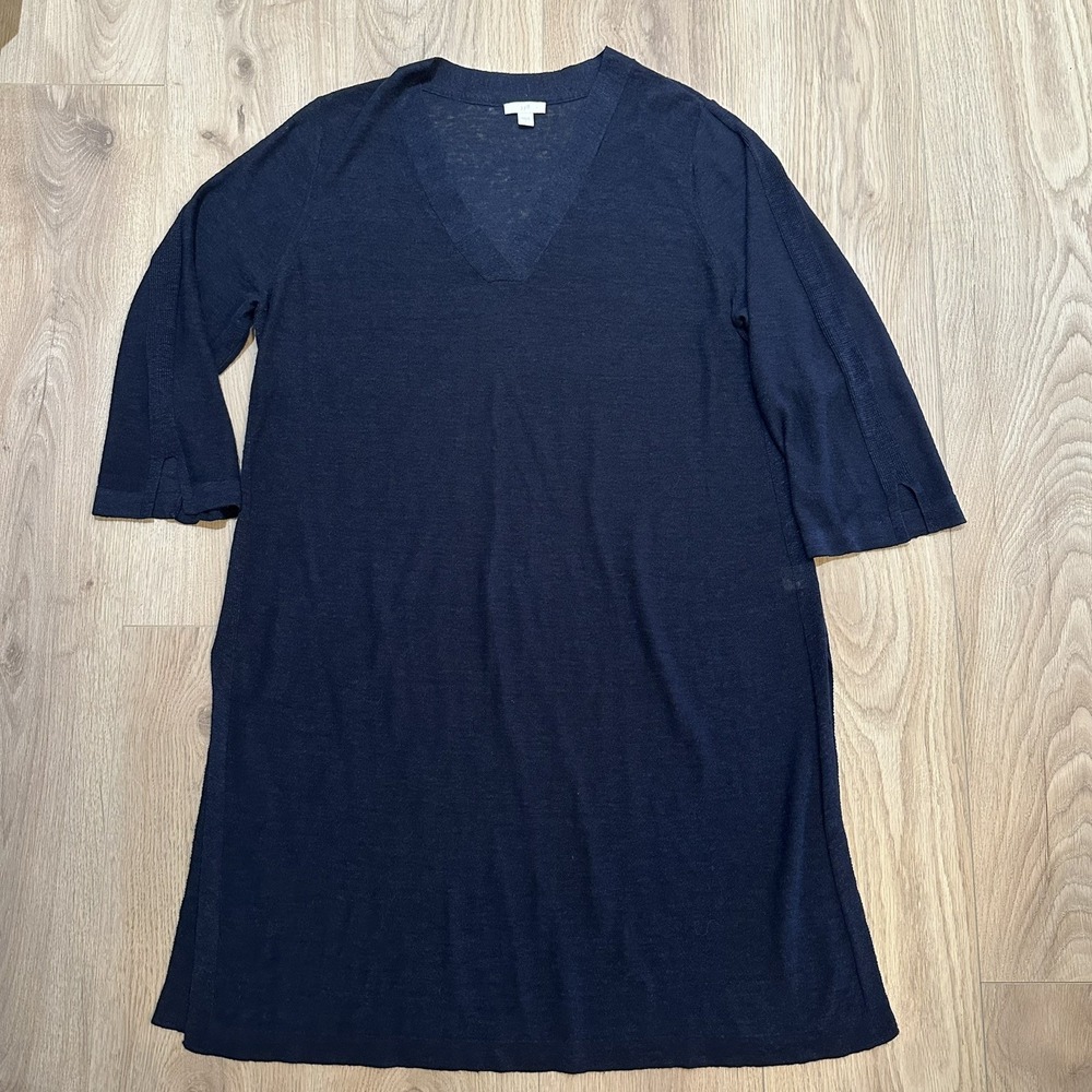 J Jill Women's Large Navy Linen Blend V Neck Tunic 3/4 Sleeve Slit‎ Hem Longline